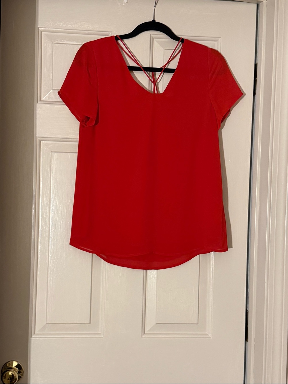 Naked Zebra Red Short-Sleeve V-Neck Blouse with Crisscross Back